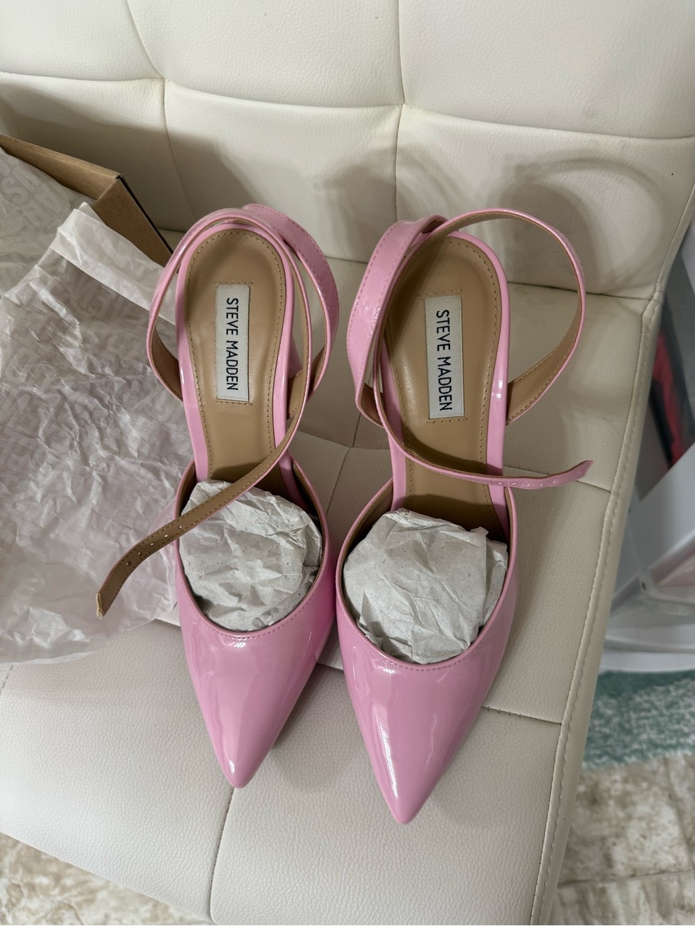 Steve Madden Glossy Pink Patent Pointed-Toe Ankle-Strap Heels